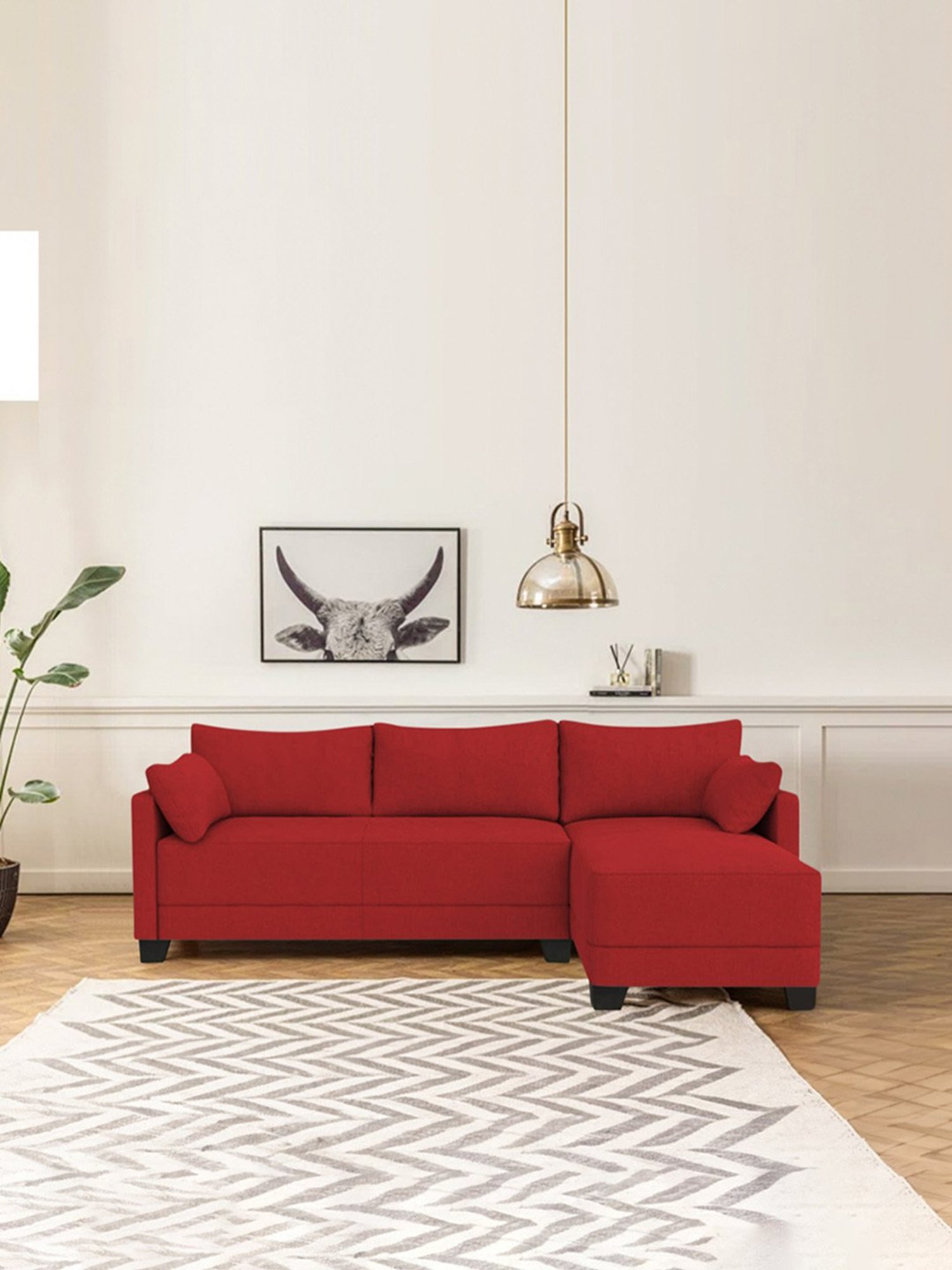 Trevi Duke Red Fabric & Neem Wood 6 Seater RHS Sectional Sofa