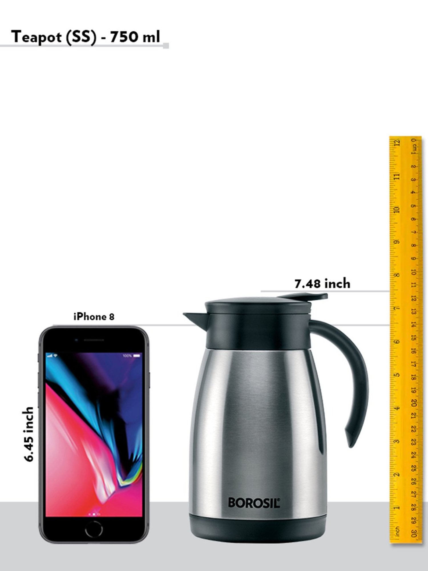 Borosil Silver Stainless Steel Teapot Vacuum Insulated - 750 ml