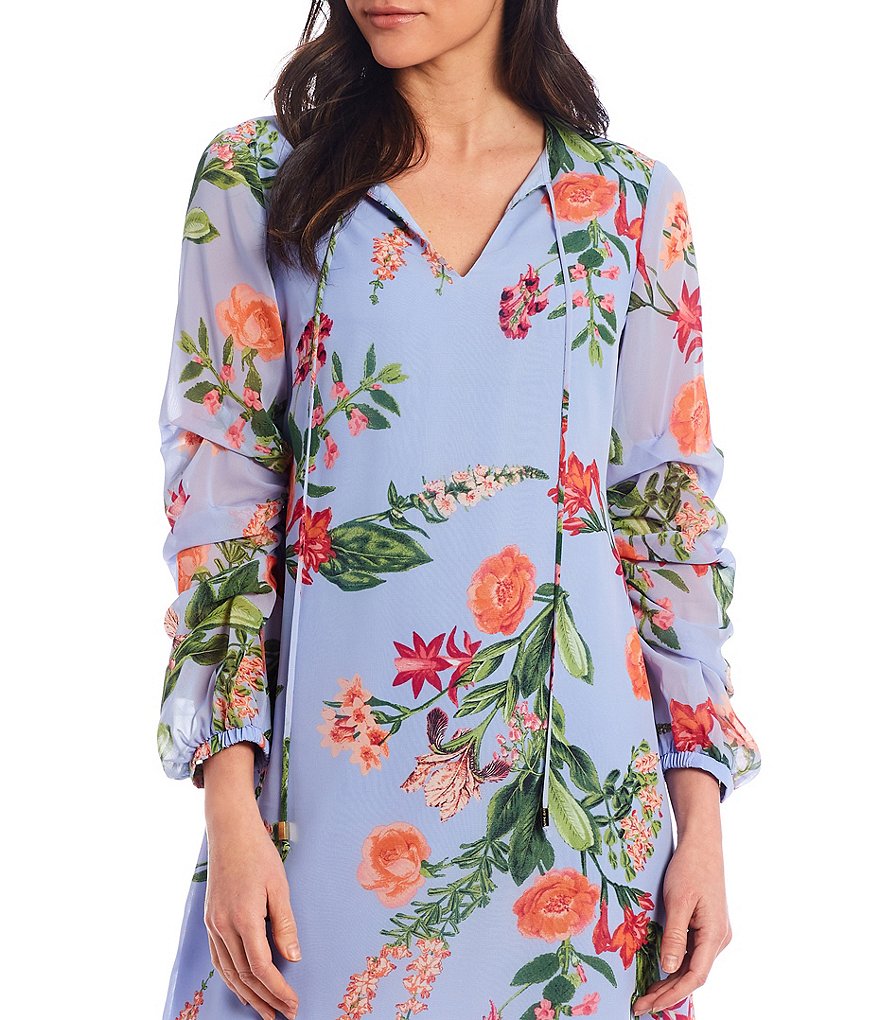Vince Camuto Shirred Long Sleeve Floral Chiffon Shift Dress