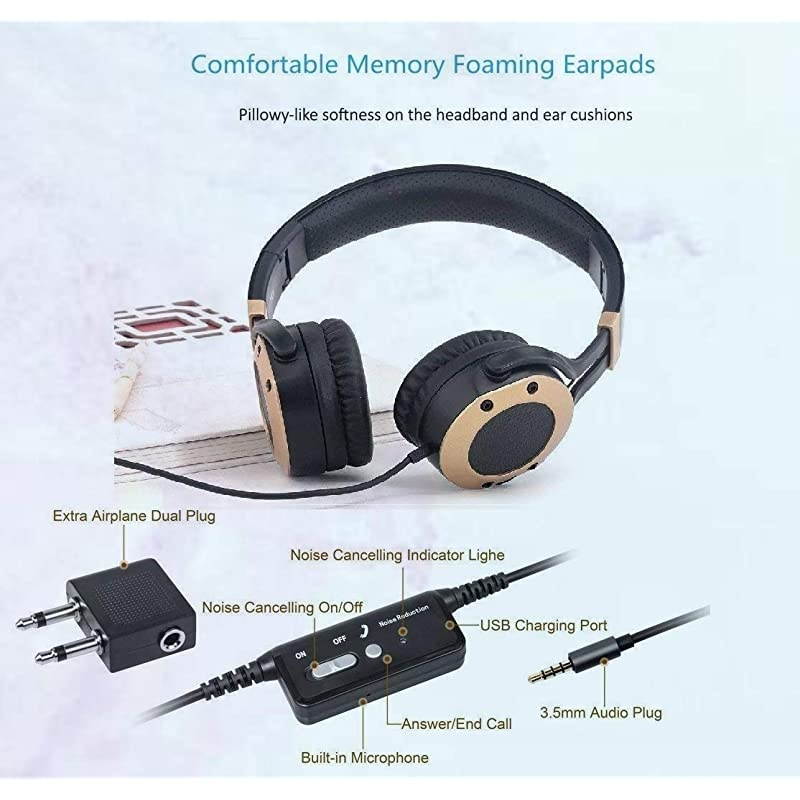 Noise Cancelling Headphones with Microphone and Airplane Adapter, Folding and Lightweight Travel Headsets, Hi-Fi Deep Bass Wired Headphones with Carrying Case