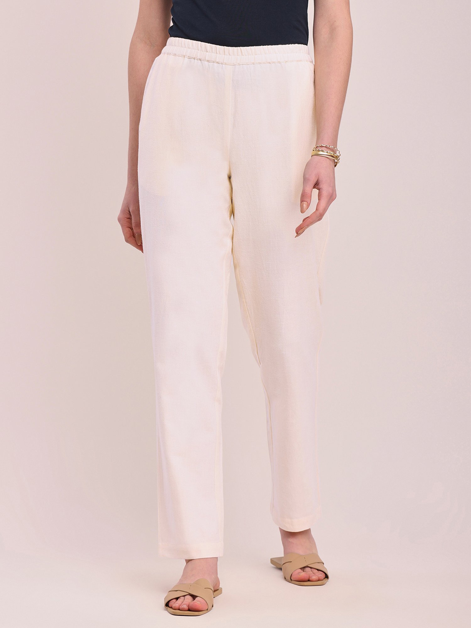 Pink Fort Off-White Cotton Relaxed Fit Pants