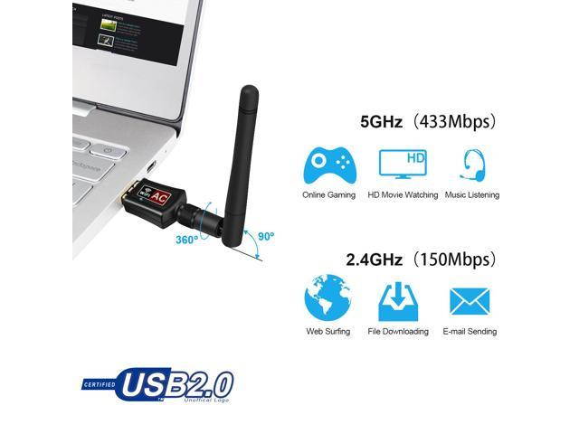 AC600 Long Range USB WiFi Adapter, 802.11AC 600Mbps Wireless Network Adapter Dual Band 2.4G/150Mbps + 5G/433Mbps, External Antenna for Windows 10 / 8.1 / 8 / 7 / XP /Vista, MAC OS