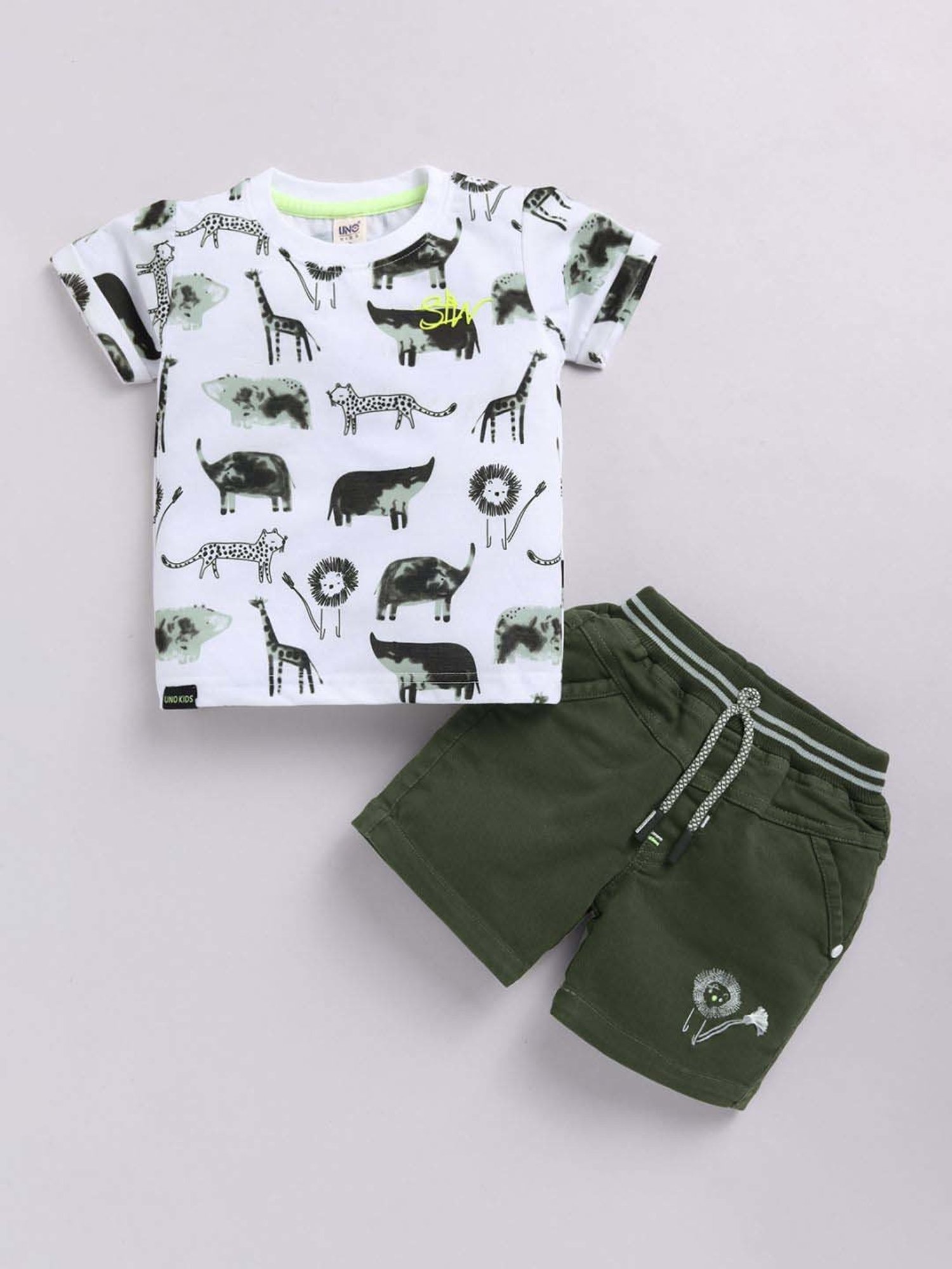 UNO KIDS Boys Green & White Printed Top & Short sets