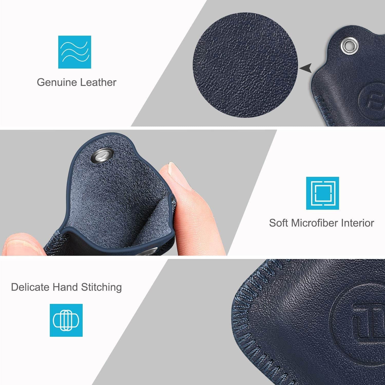 Fintie Genuine Leather Case for Tile Mate/Tile Pro/Tile Sport/Tile Style/Cube Pro Key Finder Phone Finder, Anti-Scratch Protective Skin Cover with Keychain, Navy Blue