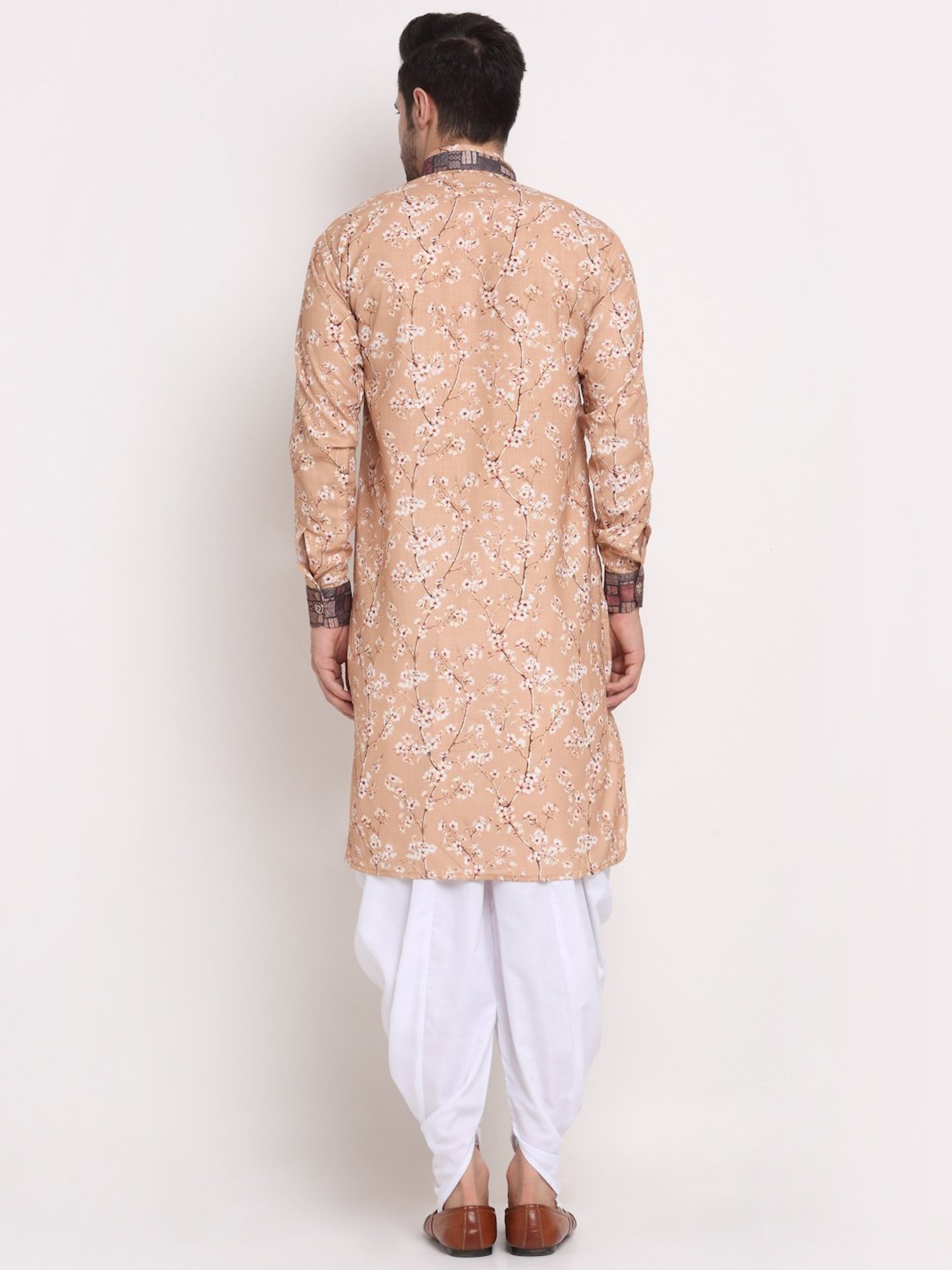 Benstoke Beige & White Cotton Regular Fit Floral Print Sherwani Set