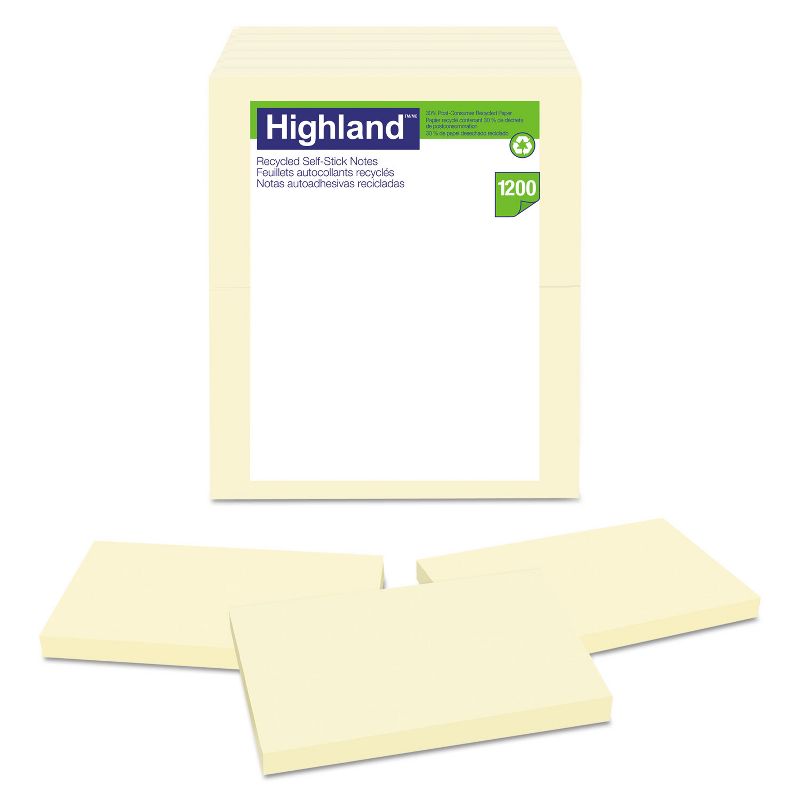 Highland Recycled Self Stick Notes 3 x 5 Yellow 100 Sheets/Pad 12 Pads/Pack 6559RP