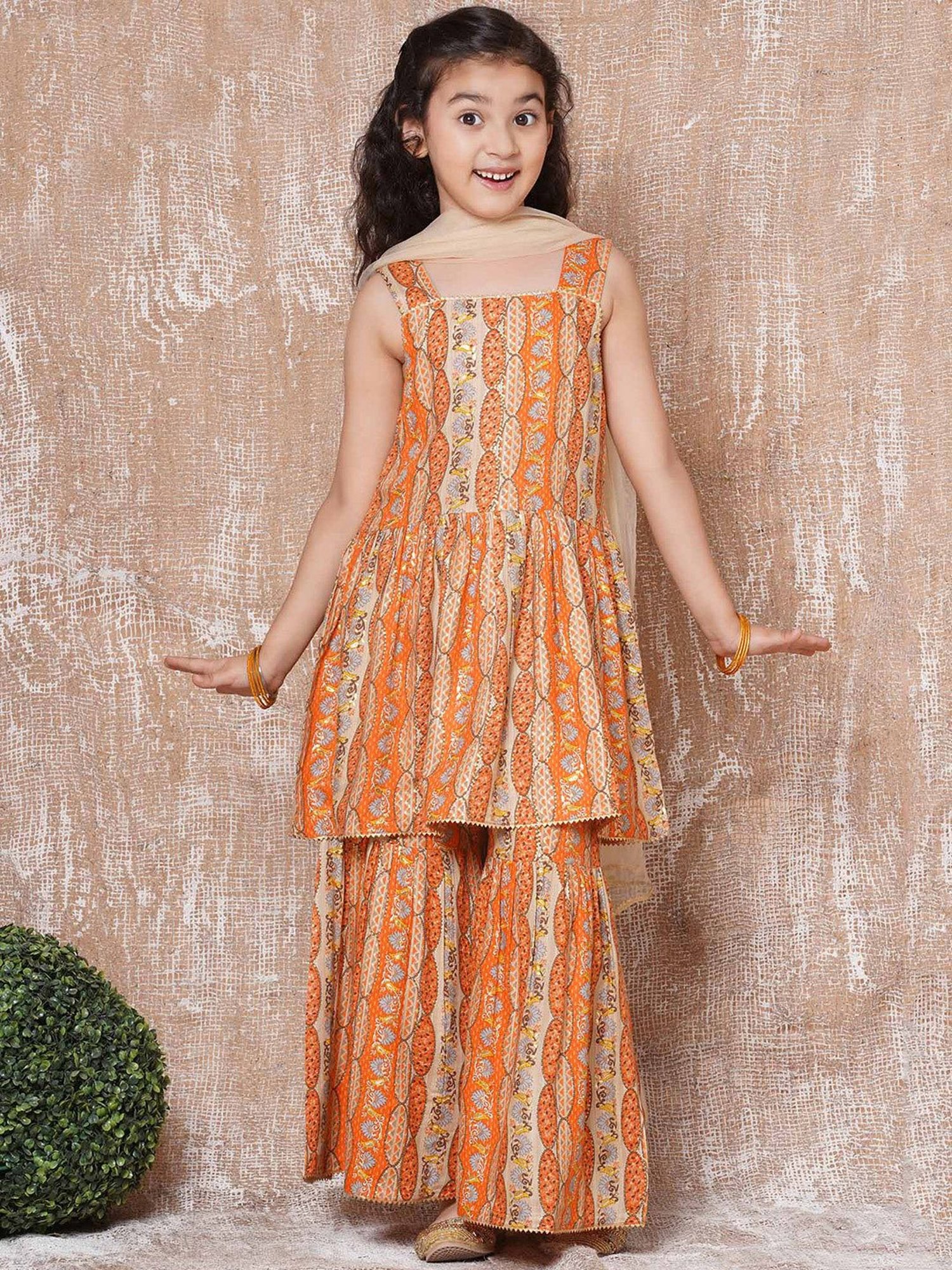 AJ Dezines Kids Orange & Beige Floral Print Kurta, Sharara with Dupatta