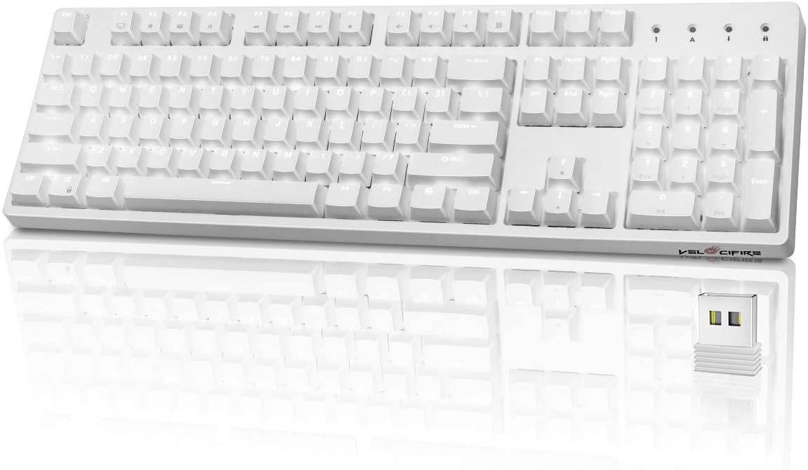Mechanical Keyboard Brown Switches, Velocifire VM02WS Wireless Full Size Keyboard with Brown Switches White Backlit & High Battery Lasting for Copywriters, Typists, Programmer(White)