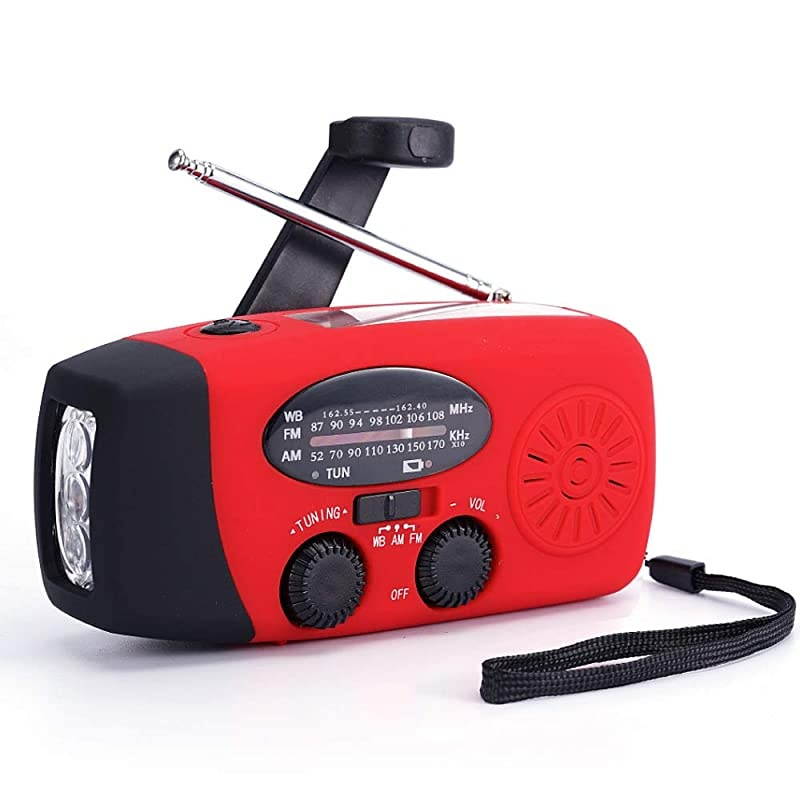 Weather Radio Hand Crank Self Powered Solar Emergency Radios with 3 LED Flashlight 1000mAh Power Bank Smart Phone Charger Red