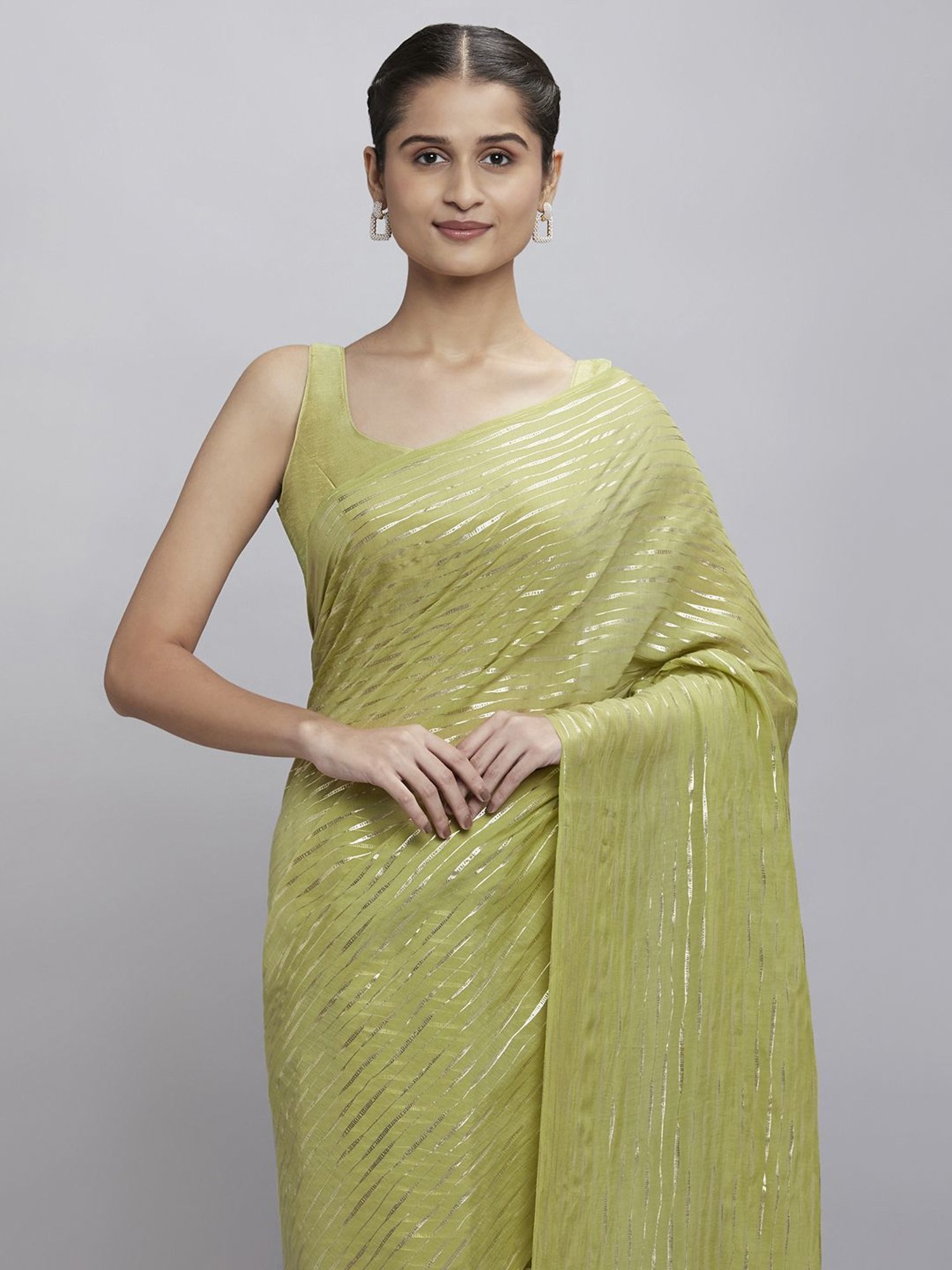 Navyasa Olive Liva Lite Pastel Foil Saree With Coordinated Unstitched Blouse Piece