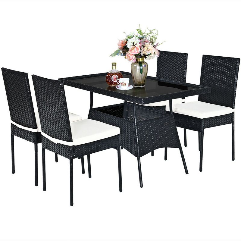 Costway 5PCS Patio Rattan Dining Set  Table w/Glass Top Garden Furniture