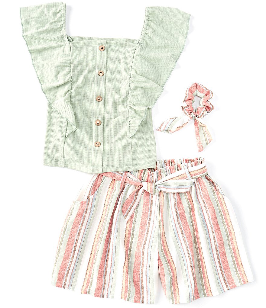 Ally B Big Girls 7-16 Flutter Sleeve Button Front Top & Striped Shorts Set