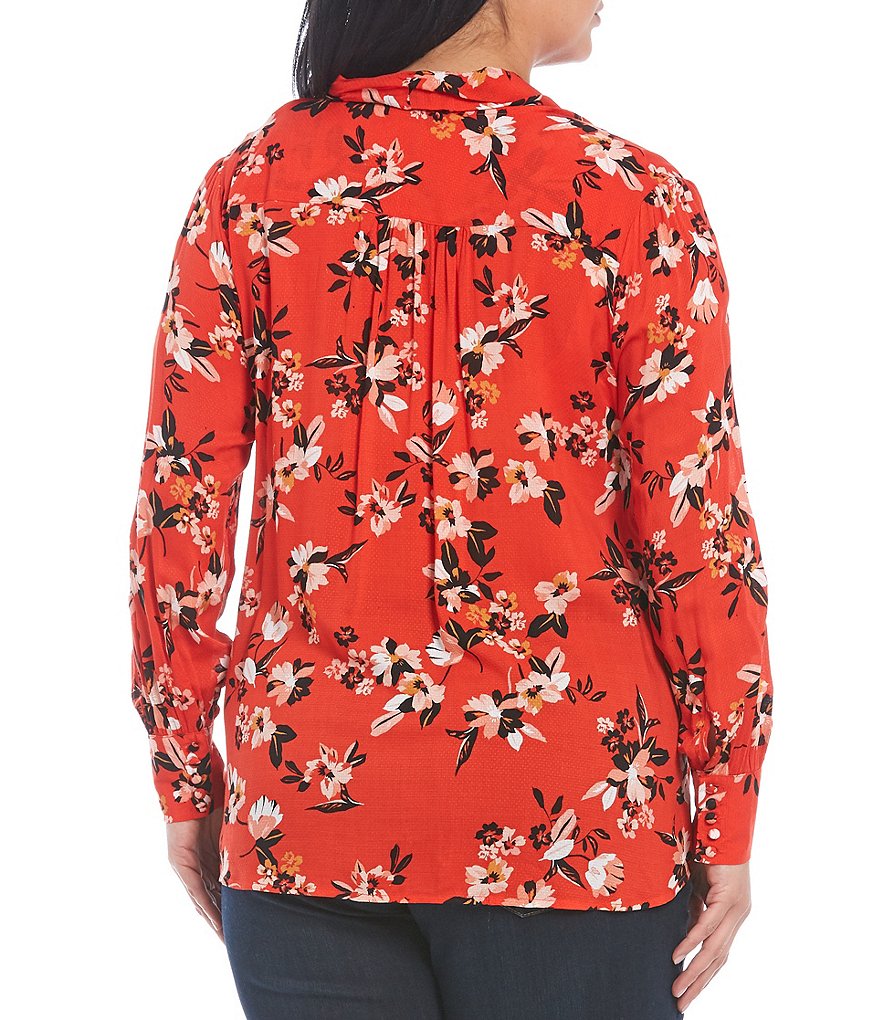 Jessica Simpson Plus Size Dazed Floral Print Tie V-Neck Long Bubble Sleeve Blouse