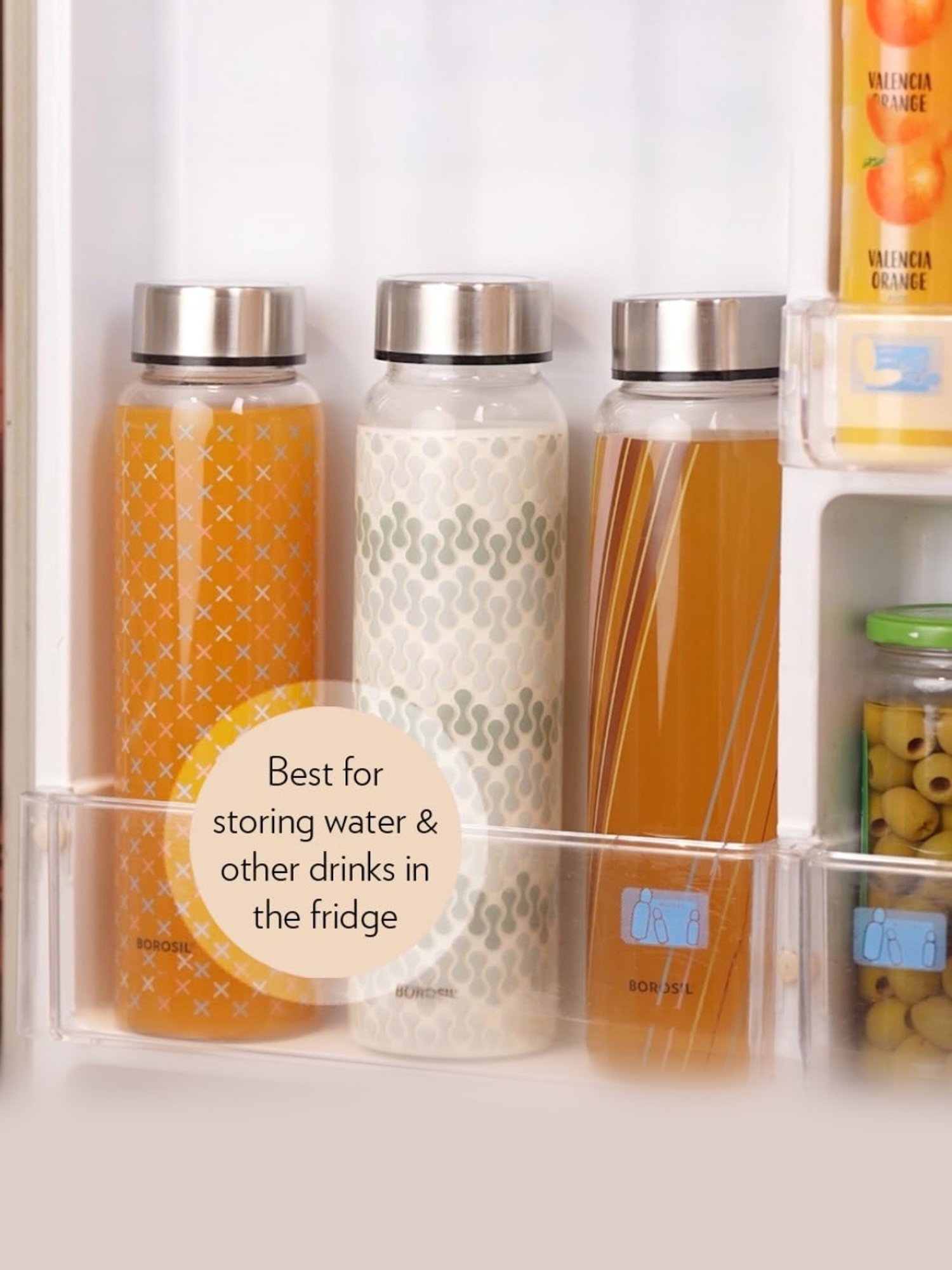 Borosil Water Bottle with Fridge Safe & Leakproof Set of 3 (Transparent, 550 ml)