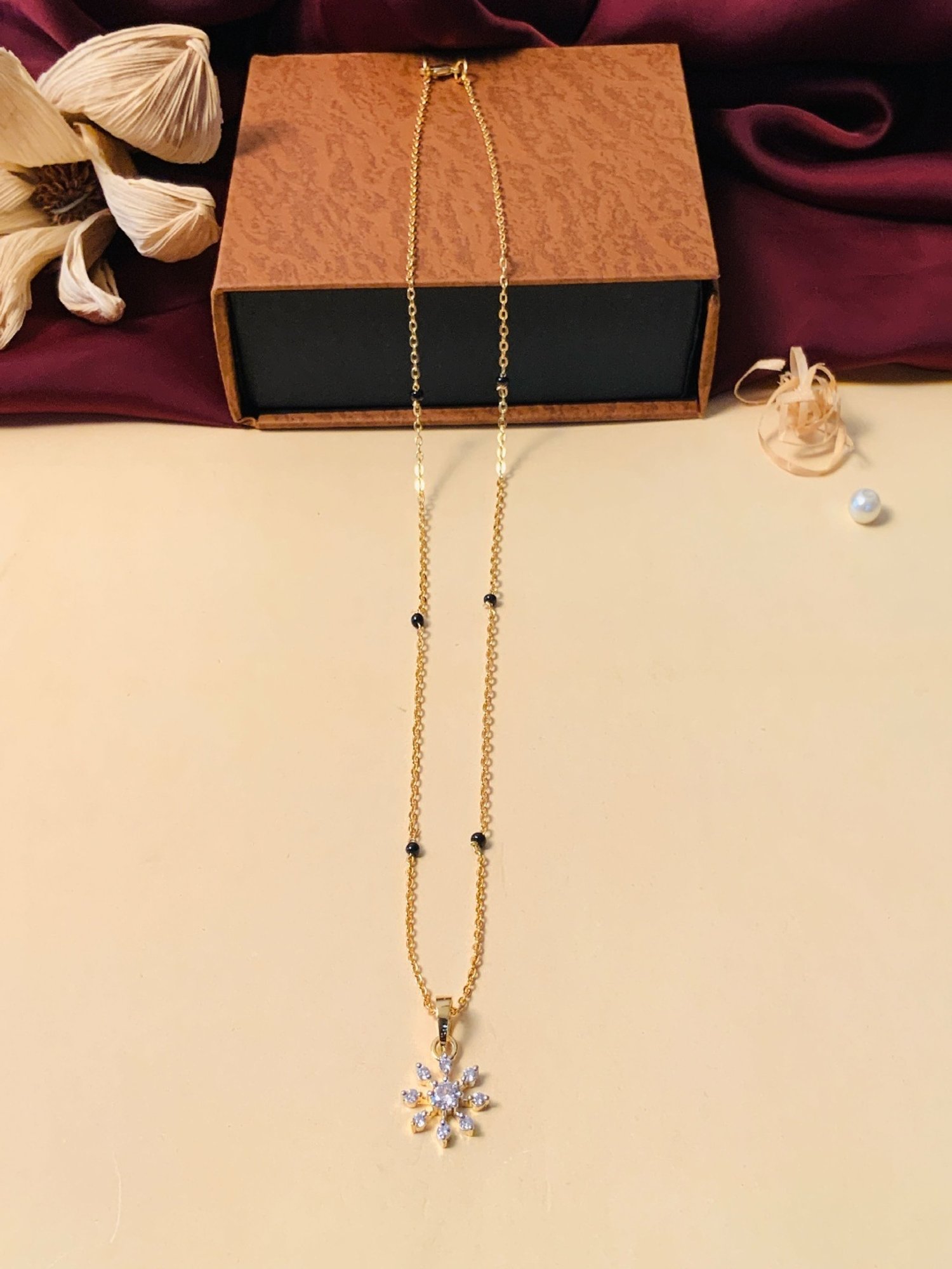 Abdesigns Gold-Plated American Diamond & Black Beaded Mangalsutra
