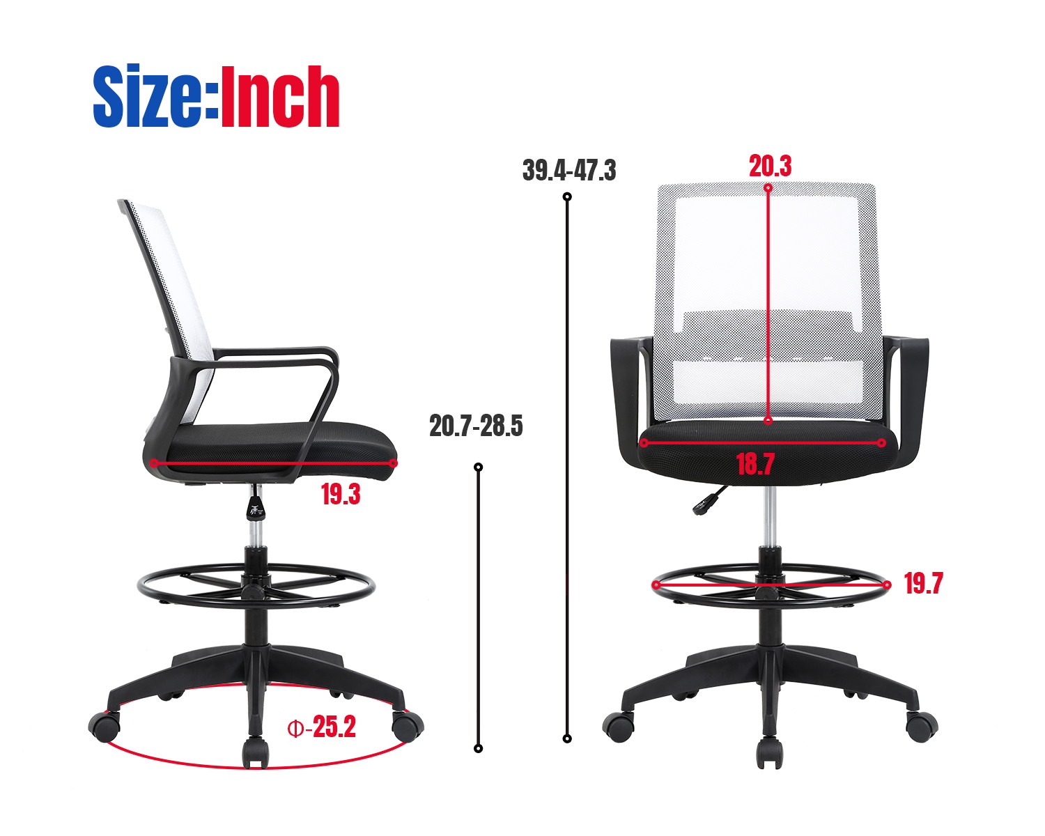 Drafting Chair Tall Office Chair Computer Chair Adjustable Height with Lumbar Support Arms Footrest Task Desk Chair Swivel Rolling Mesh Drafting Stool for Adults Women Girls(White)