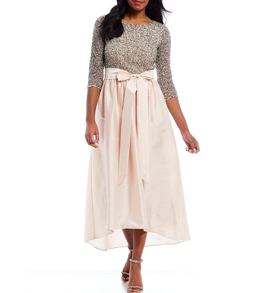 Pisarro Nights Petite Size 3/4 Sleeve Boat Neck Hi-Low Beaded Gown