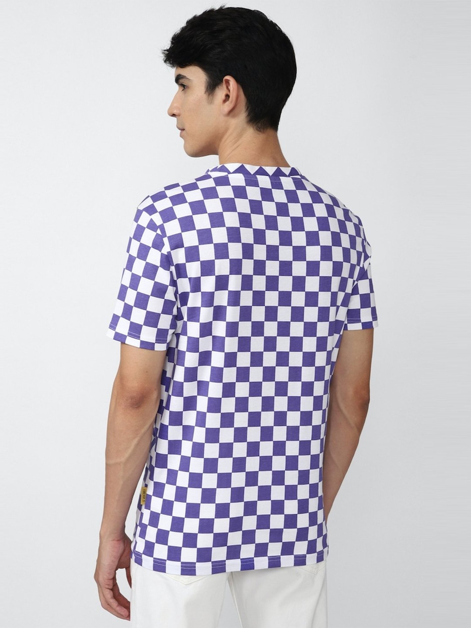 Forever 21 Purple & White Cotton Regular Fit Check T-Shirt