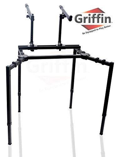 Double Piano Keyboard & Laptop Stand by GRIFFIN | 2 Tier/Dual Portable Studio Mixer Rack for Turntables, DJ Coffins, Speakers, Digital Audio Gear & Music Equipment | Folding Stage Mount Multi Platform