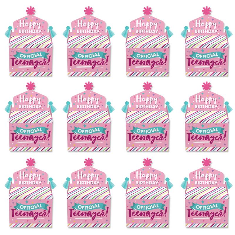 Big Dot of Happiness Girl 13th Birthday - Treat Box Party Favors - Official Teenager Birthday Party Goodie Gable Boxes - Set of 12
