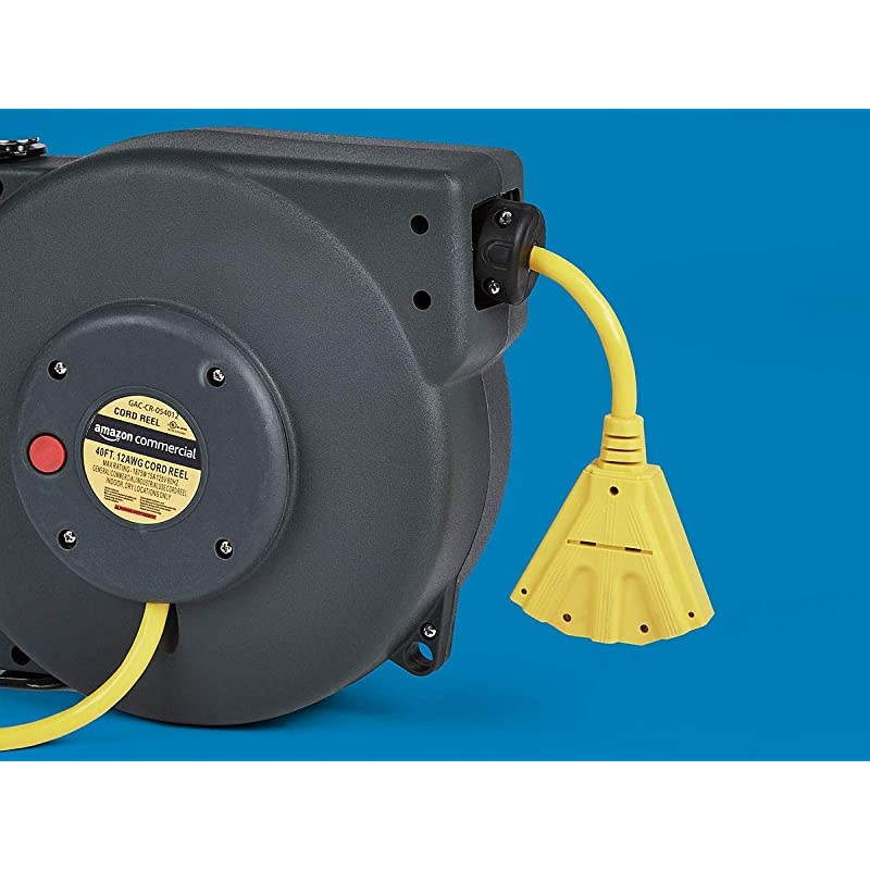 Extension Cord Reel Heavy Duty Retractable 12AWG x 40 Feet Industrial Grade 3CSJT Cable with Triple Tap Connector and Swivel Bracket Power Rating 15A 125VAC 1875W 60Hz