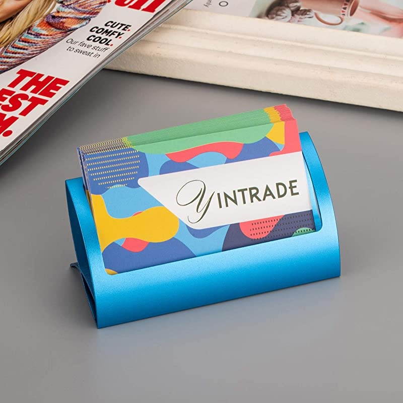Card Holder for Desk Metal Aluminum Desktop Name Card Case Display Organizer Stand Office Tradeshows Card Desk Holder 2 Pack Blue