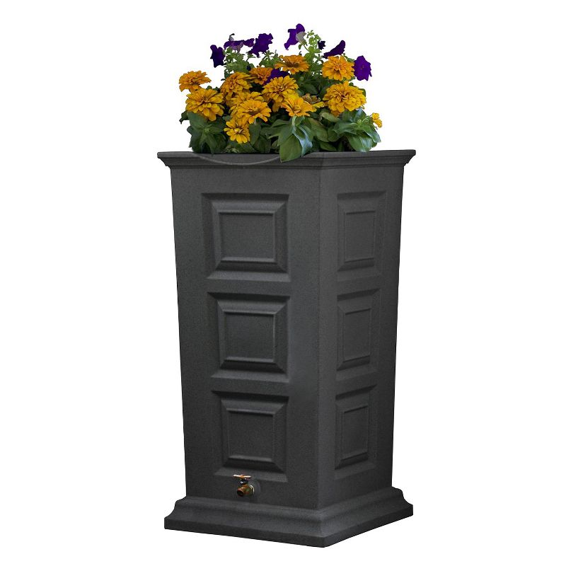 Good Ideas Savannah Outdoor 55 Gallon Flat Back Weatherproof Rain Barrel and Planter, Dark Granite