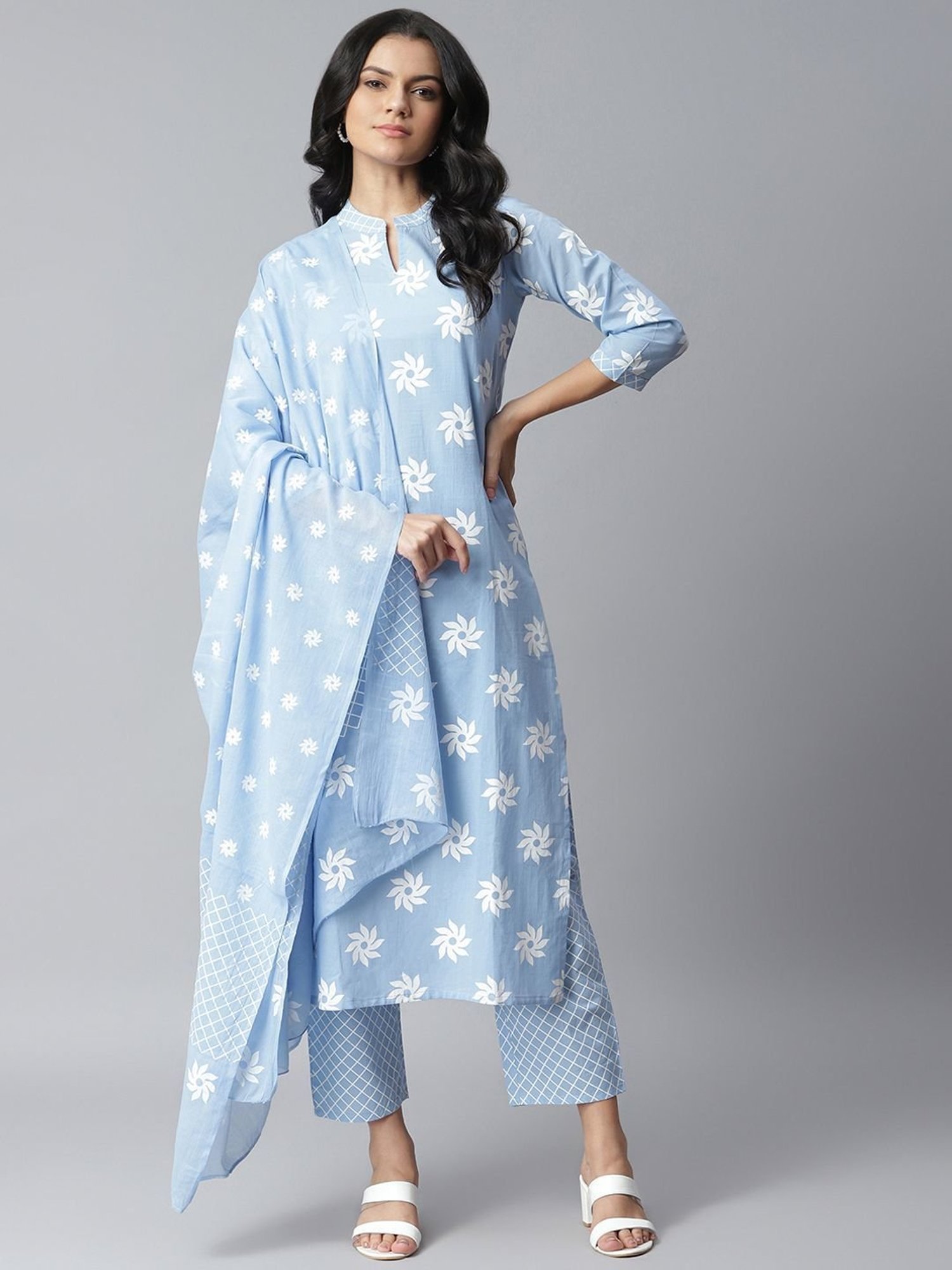 Stylum Blue Cotton Printed Kurta Pant Set With Dupatta