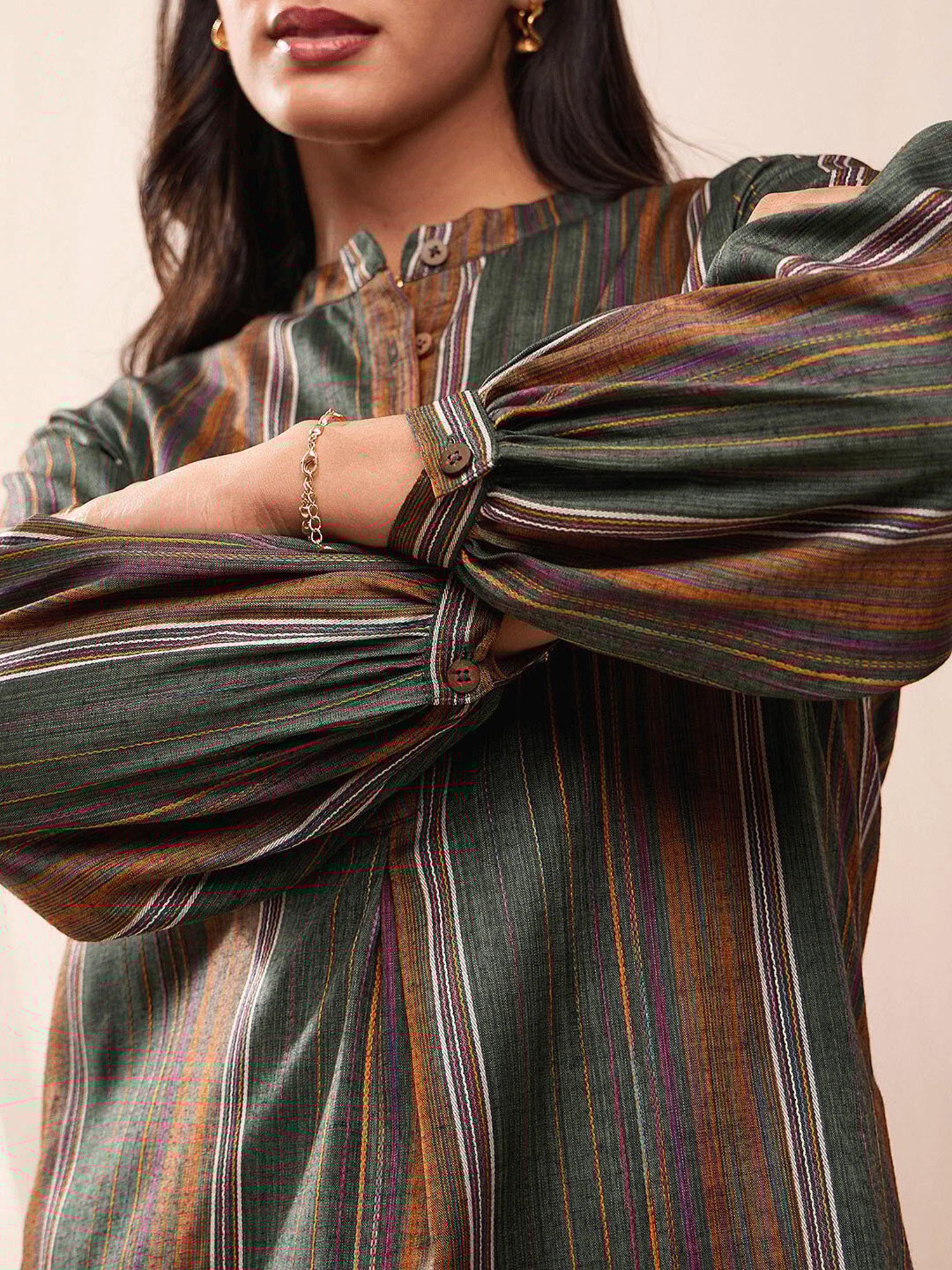 Pink Fort Green Striped Kurta