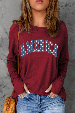 Red Starry America Print Thumbhole Long Sleeve Top