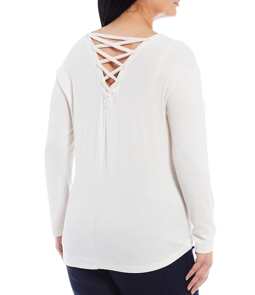 Bobeau Plus Size Round Neck Lace Up Back Long Sleeve Top