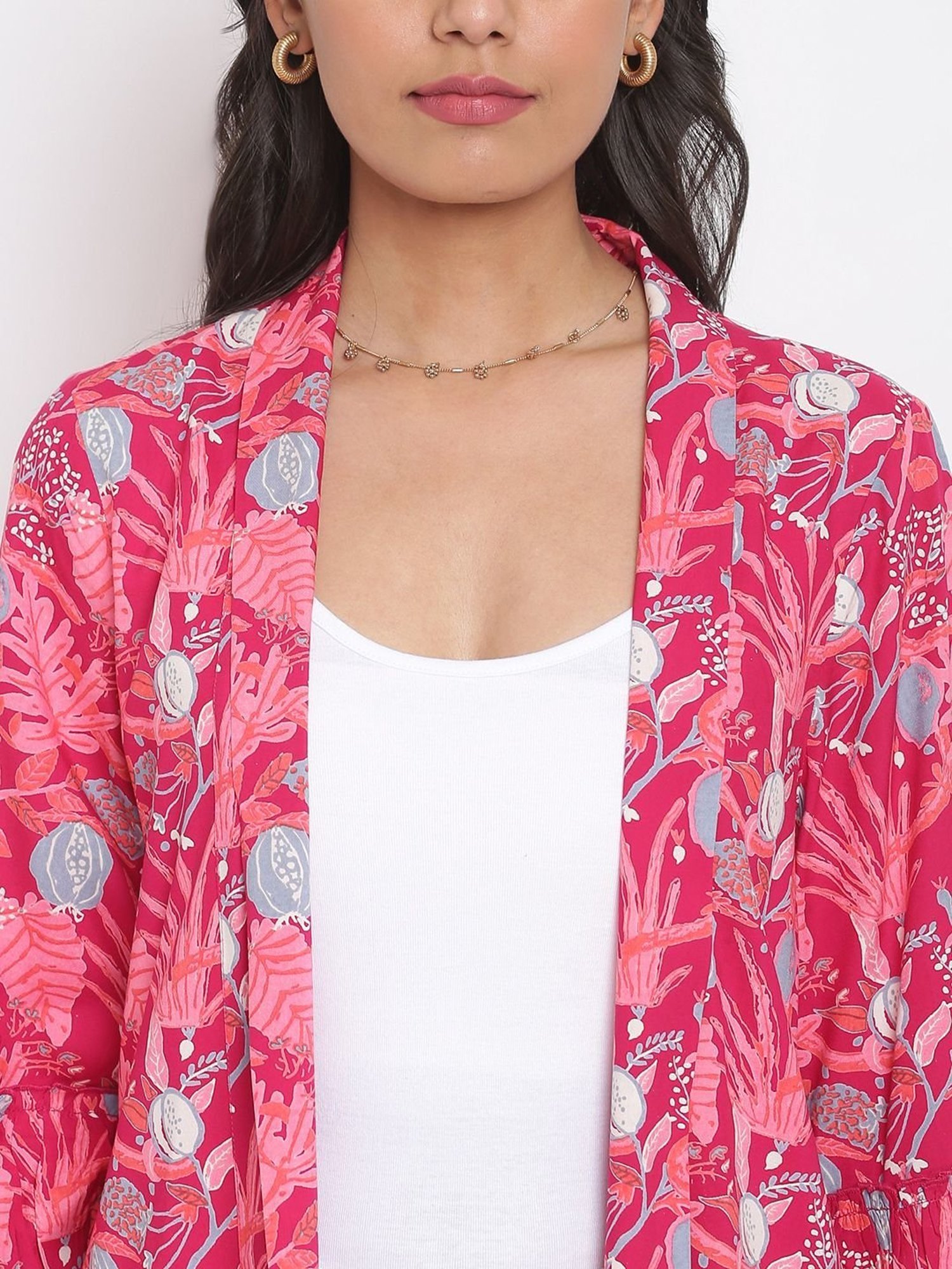 Fabindia Pink Floral Print Shrug