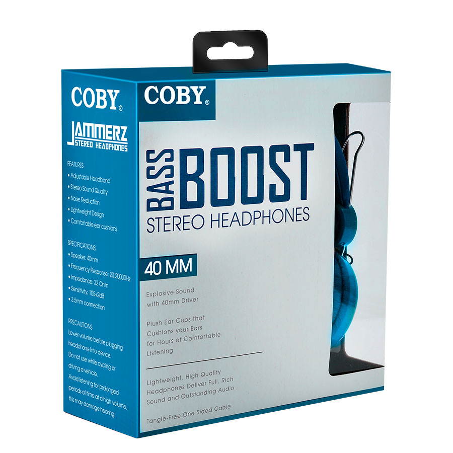 Coby Bass Boost Stereo Over Ear Headphones with Built-In Mic -Blue