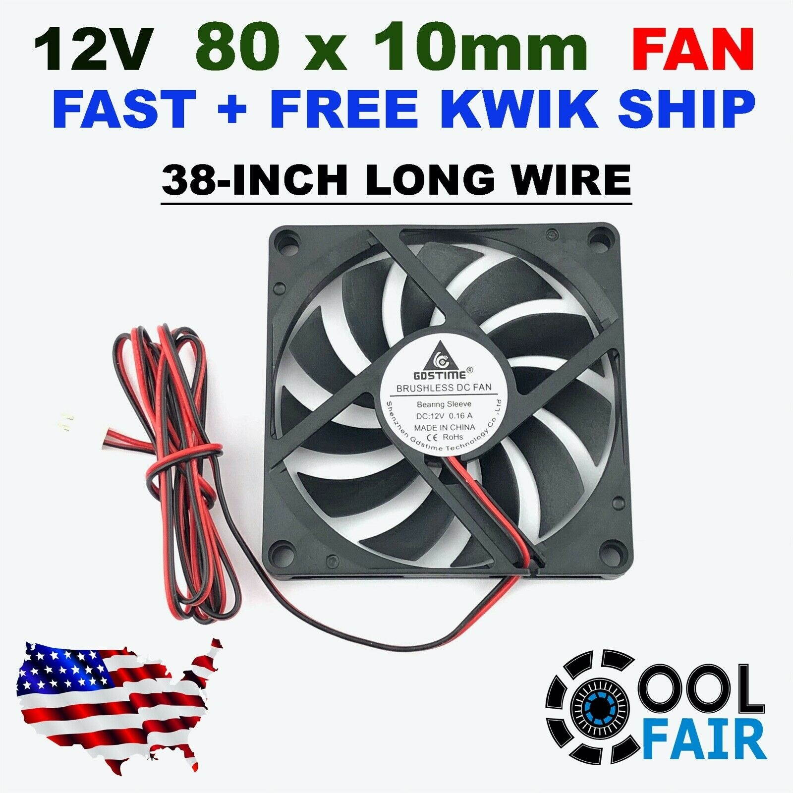 12v 80mm Cooling Fan Long Wire 80x80x10mm DC PC Computer Case Cooler 8010 2-Pin