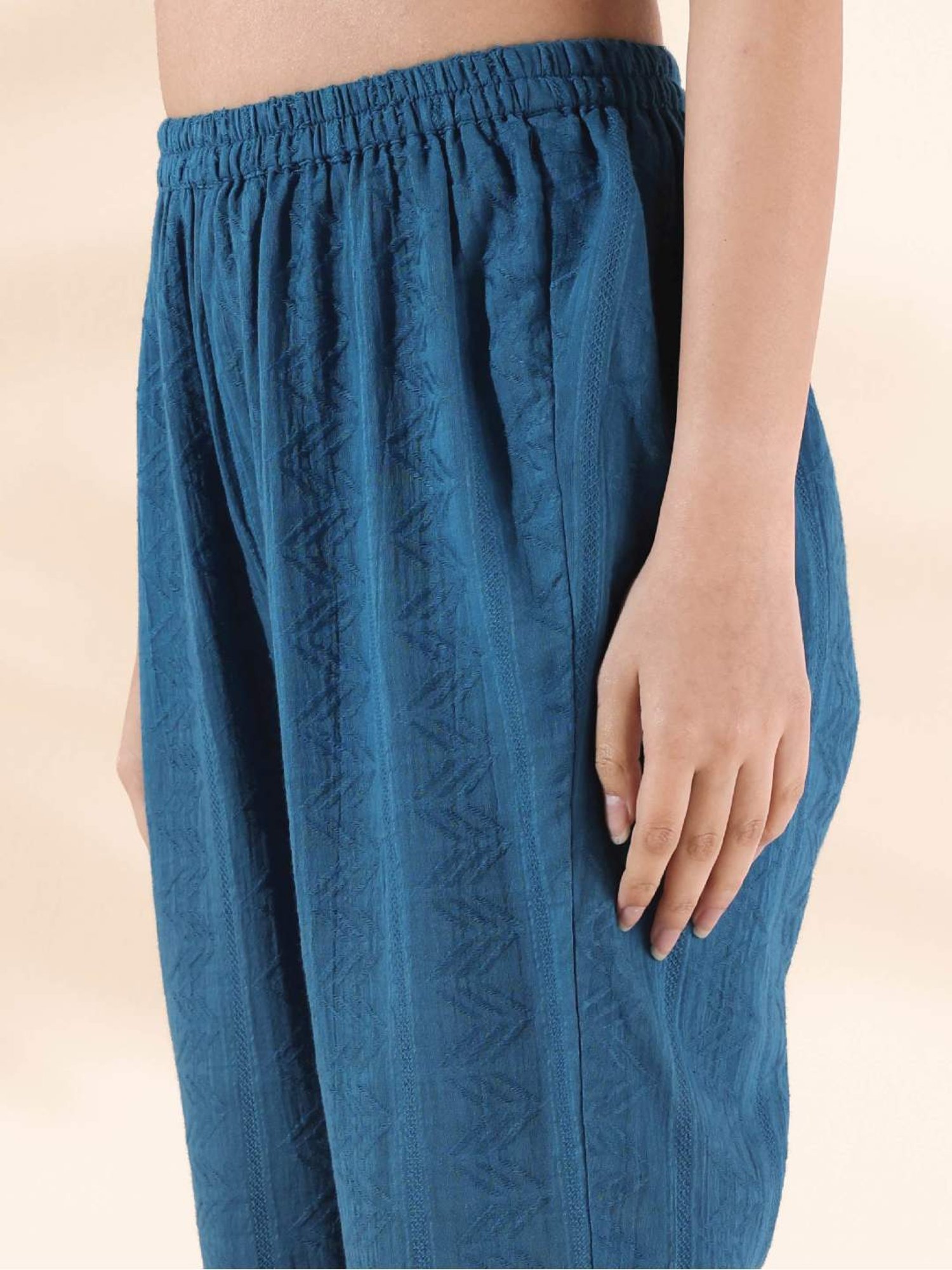 true Browns Blue Self Pattern Tunic Pant Set