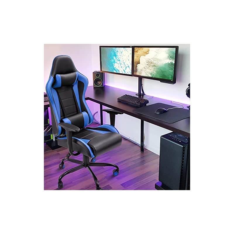 Gaming Chair High-Back PU Leather Racing Chair Ergonomic Computer Desk Executive Home Office Chair with Headrest and Lumbar Support (Blue)