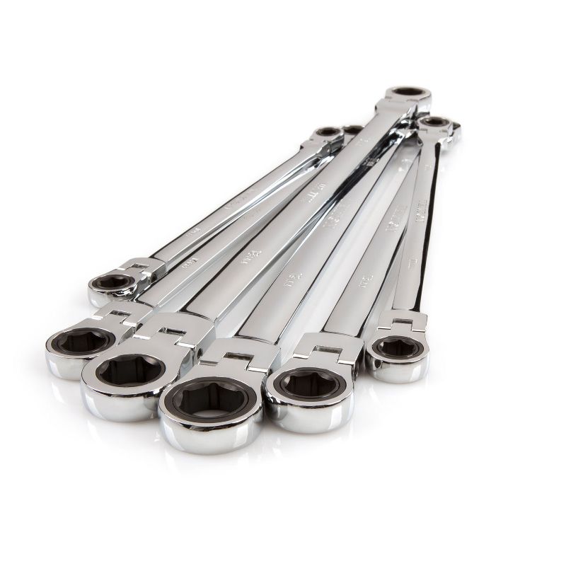 TEKTON WRN77164 Extra Long Ratcheting 6 Point Box End Metric Wrench Tool Set with 180 Degree Flex Head and Storage Holder, 6 Piece, 8 to 19 mm