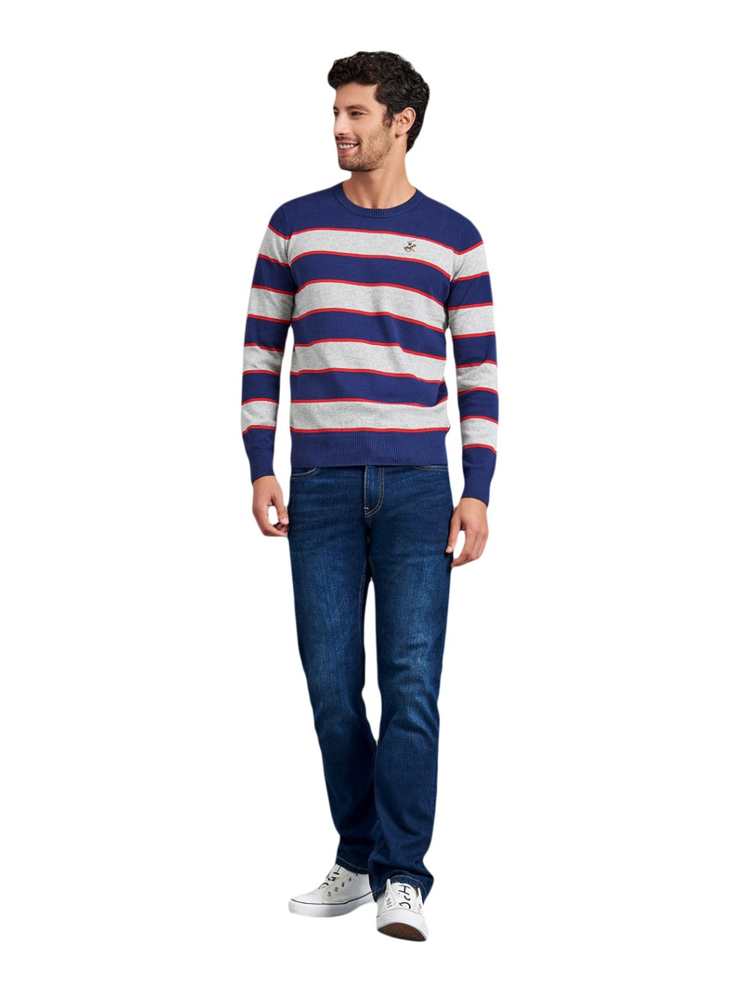 Beverly Hills Polo Club Navy & Grey Cotton Regular Fit Striped Sweater