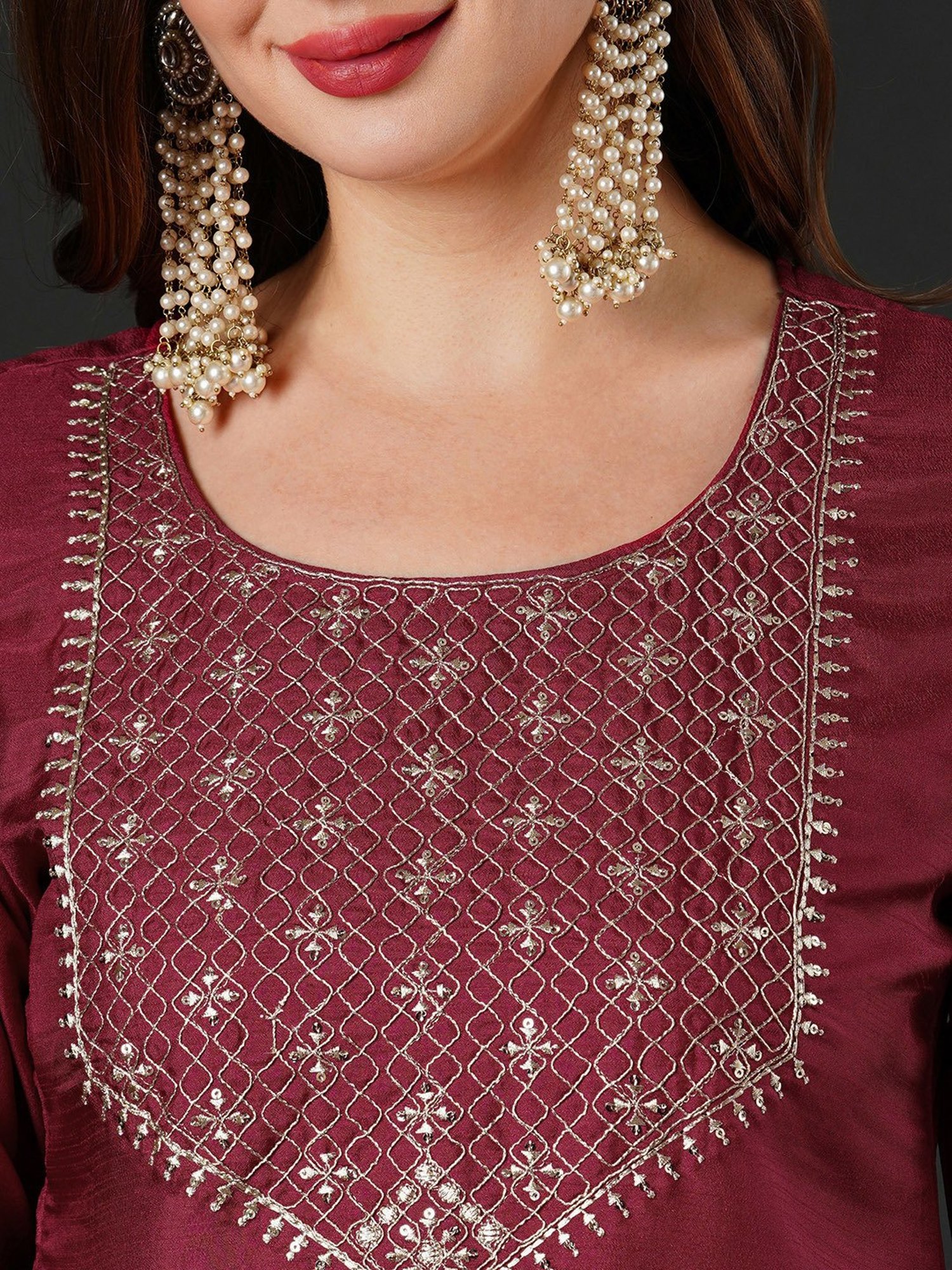 Indo Era Wine Embroidered Kurta With Pant & Dupatta
