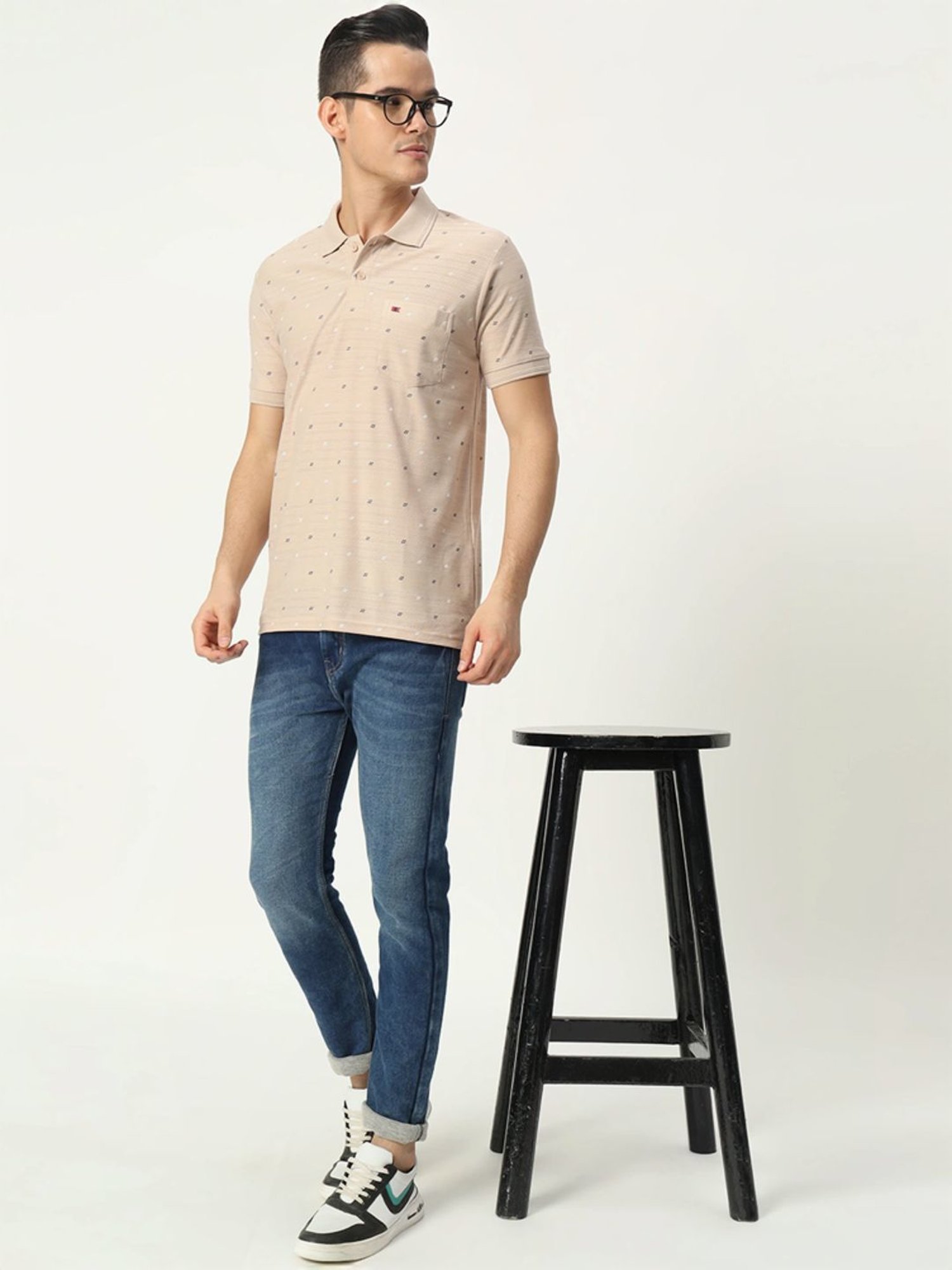 Tab91 Beige Regular Fit Printed Polo T-Shirts