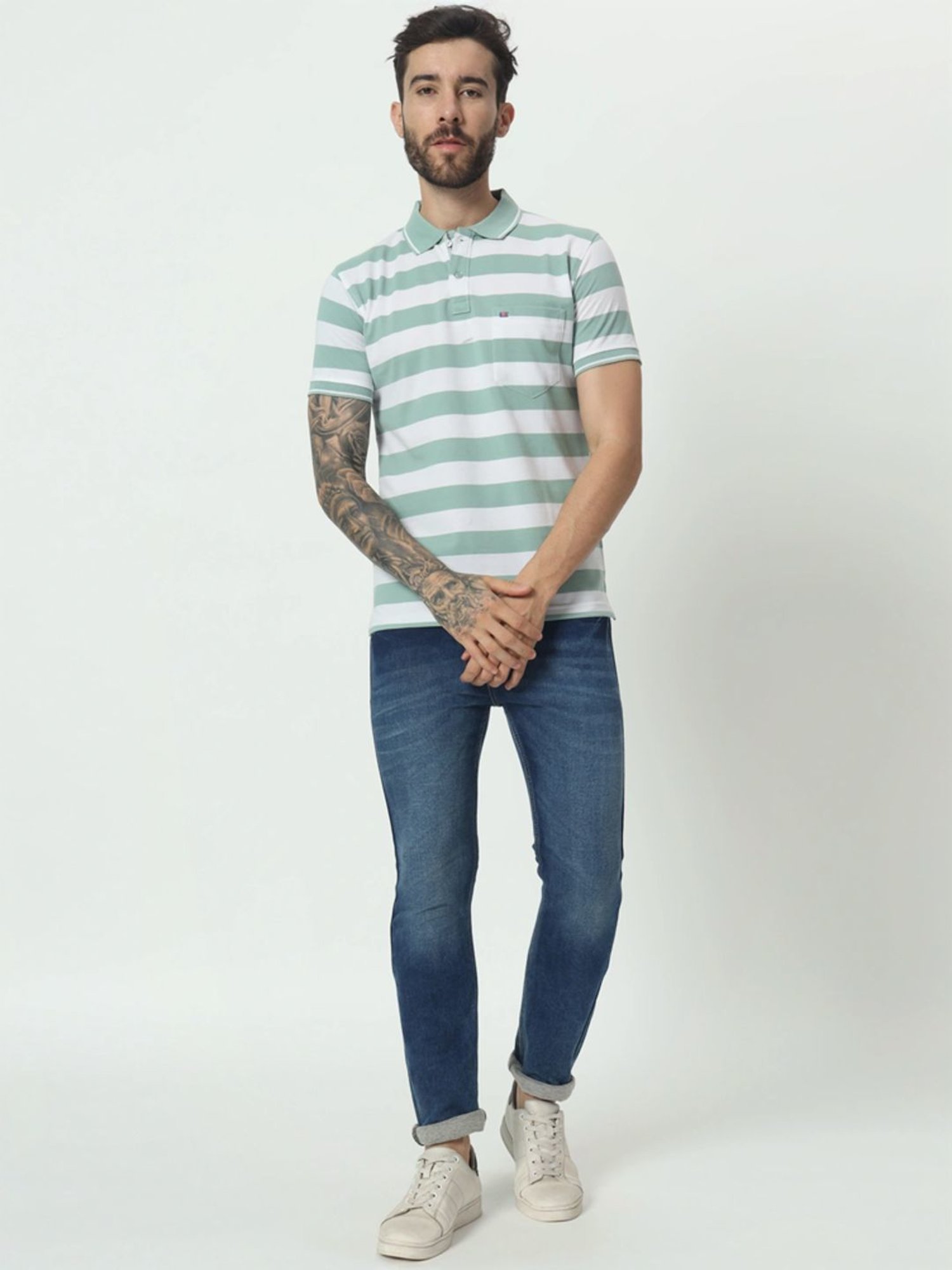 Tab91 Green Regular Fit Striped Polo T-Shirts