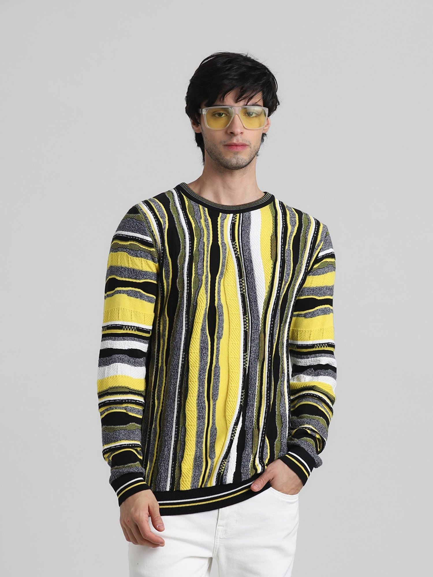 Jack & Jones Yellow & Black Cotton Regular Fit Striped Sweater