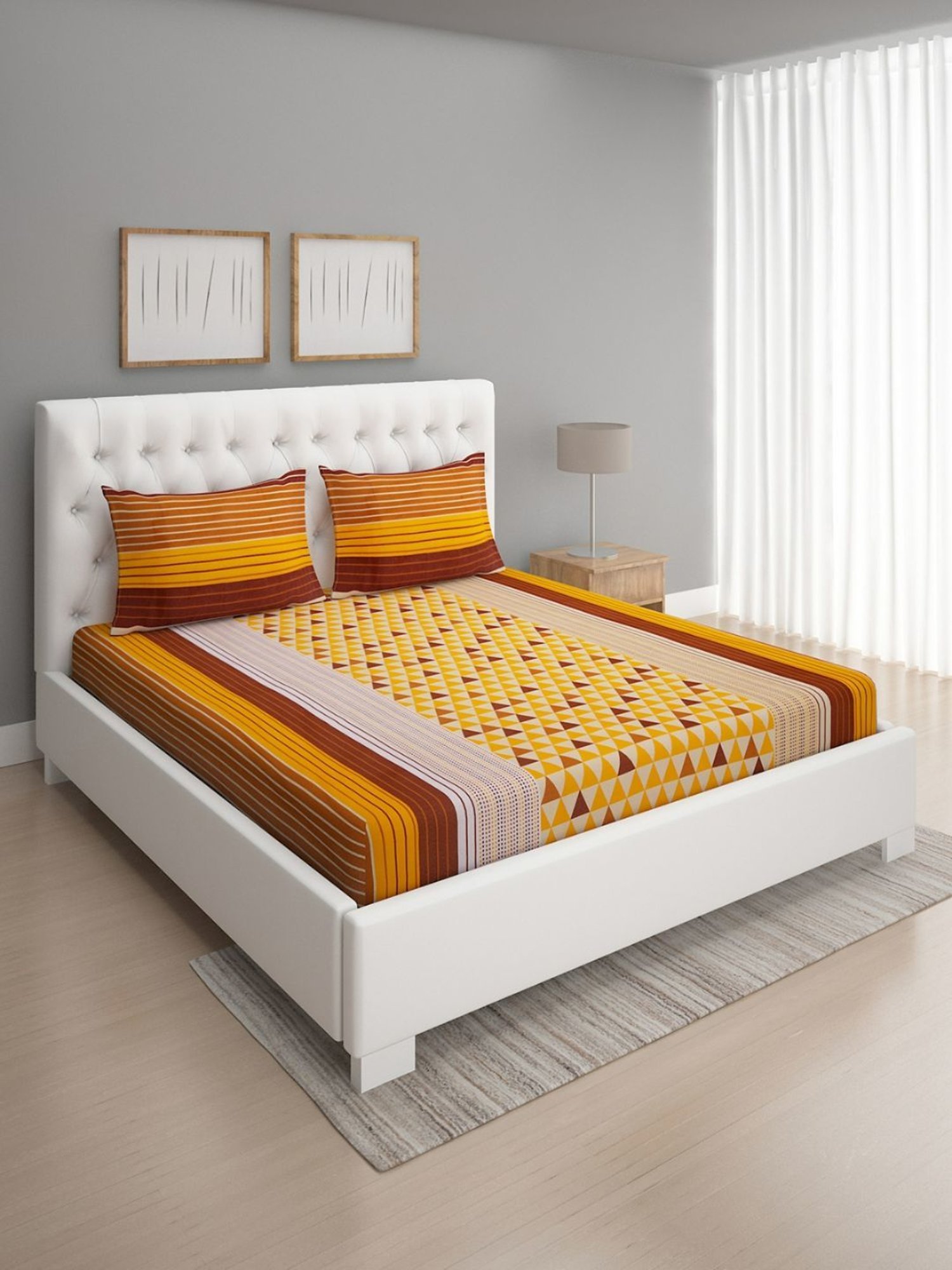 Romee Geometric Brown & Mustard 144 TC Cotton Queen Sized Bed Sheet with 2 Pillow Covers