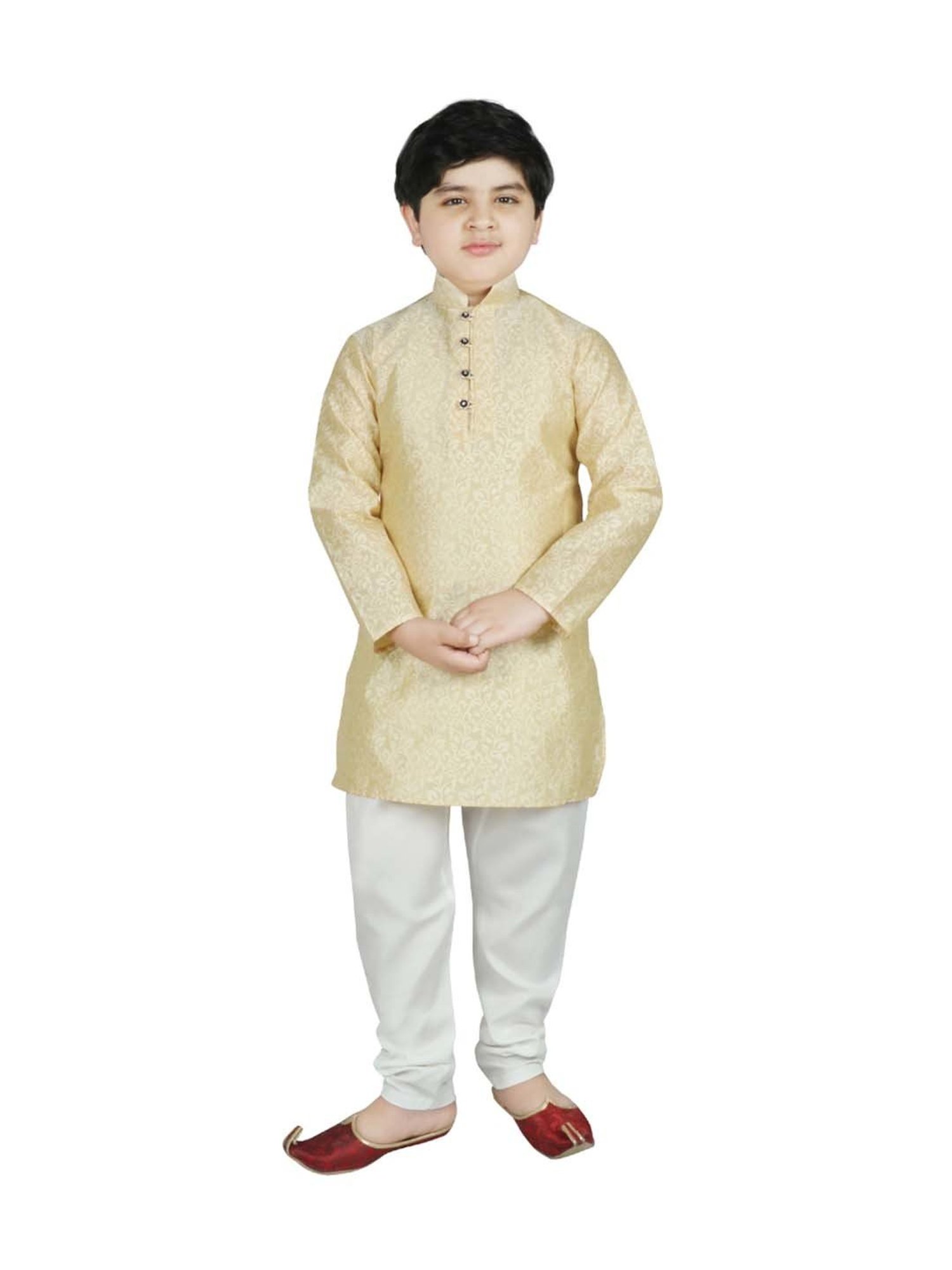 SG Yuvraj Kids Beige & White Self Full Sleeves Kurta Set