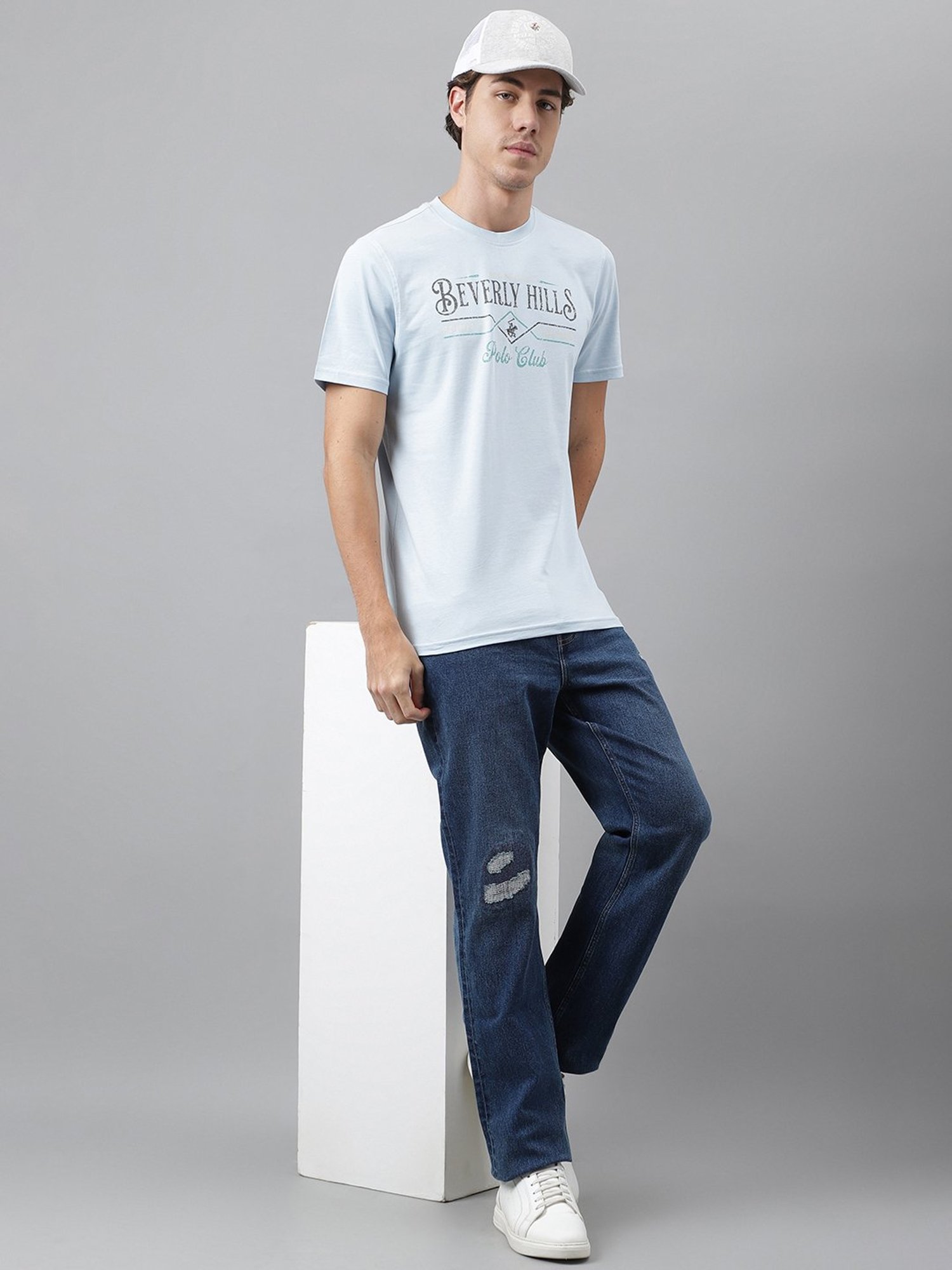 Beverly Hills Polo Club Light Blue Regular Fit Printed Cotton Crew T-Shirt