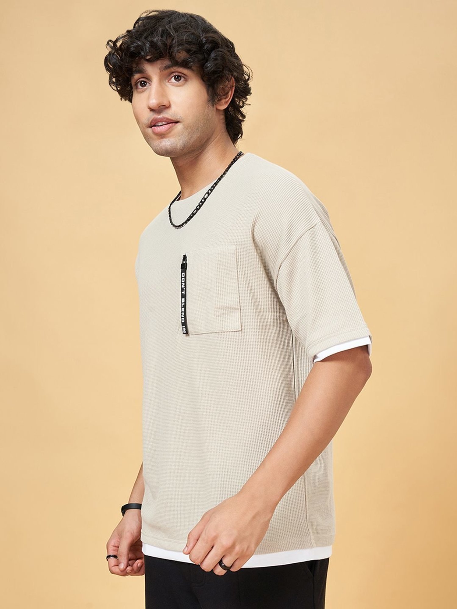 Street 808 By Pantaloons Warm Sand Regular Fit Texture T-Shirt