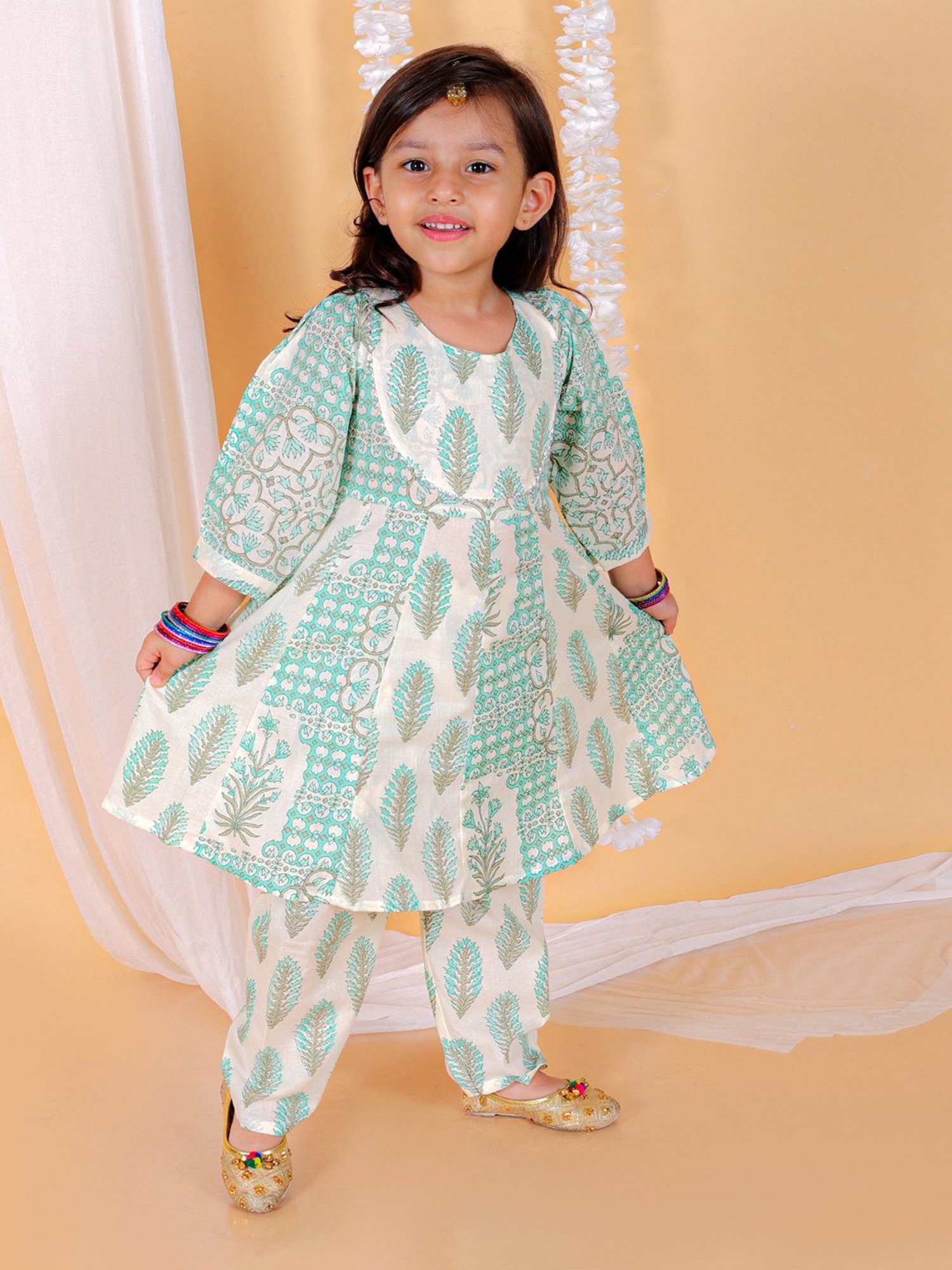 The Mom Store Kids Light Blue & White Floral Print Anarkali Kurta with Pants