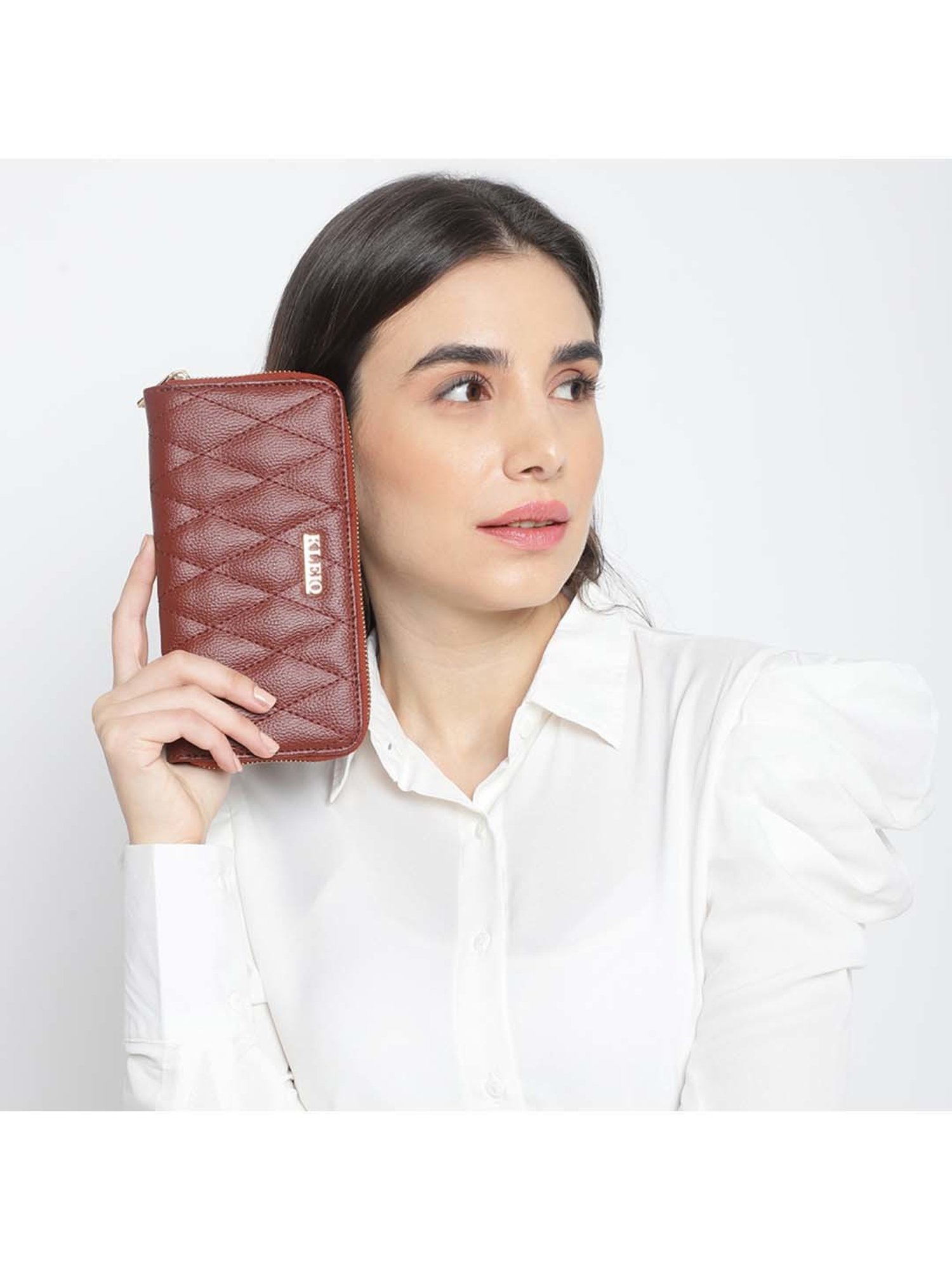 KLEIO Brown Quilted Zip Around Wallet for Women