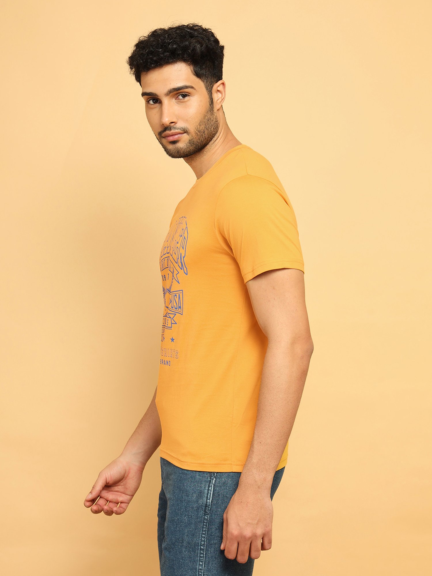 Wrangler Mustard Regular Fit Graphic Print Cotton Crew T-Shirt
