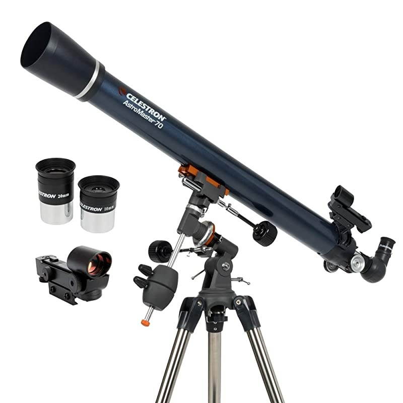 AstroMaster 70EQ Refractor Telescope &ndash; Refractor Telescope for Beginners - Fully-Coated Glass Optics - Adjustable-Height Tripod - BONUS Astronomy Software Package